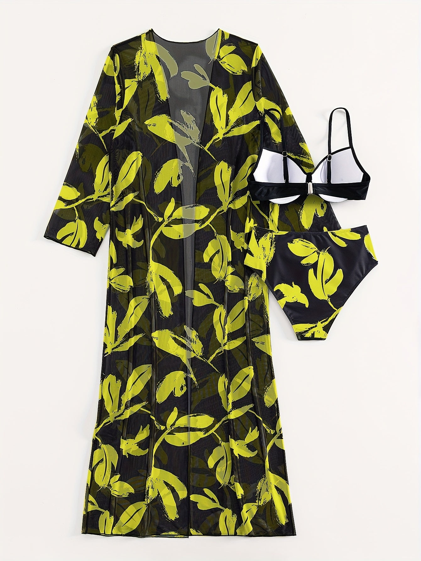 New European and American split swimsuit for women, fashionable hard cup steel support three-piece bikini, cross-border sunscreen mesh foreign trade swimsuit biki