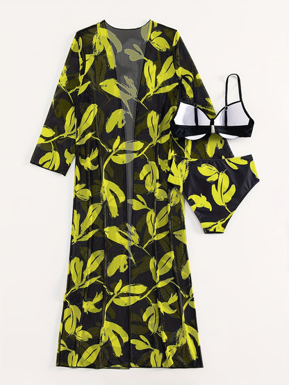 New European and American split swimsuit for women, fashionable hard cup steel support three-piece bikini, cross-border sunscreen mesh foreign trade swimsuit biki