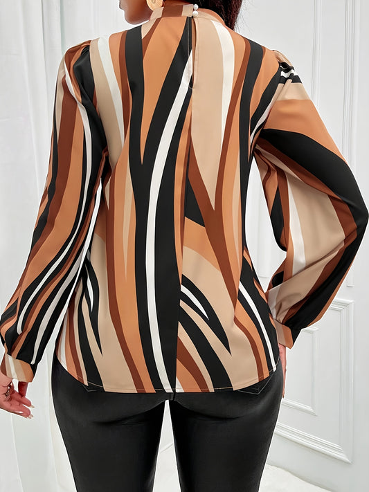 Striped Print Mock Neck Blouse, Elegant Lantern Sleeve Blouse For Spring & Fall, Women's Clothing