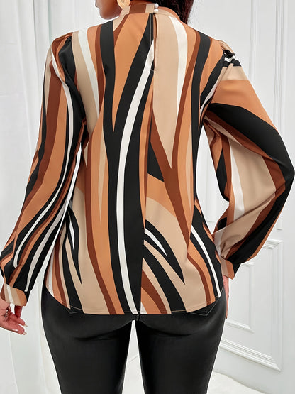 Striped Print Mock Neck Blouse, Elegant Lantern Sleeve Blouse For Spring & Fall, Women's Clothing