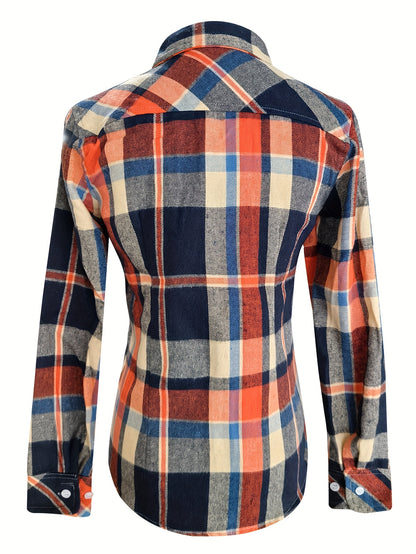 Women's Sexy Retro Slim Fit Long Sleeve Shirt - Blue & Orange Plaid Button-Up with Chest Pockets, Classic Collar, Machine Washable for Spring/Fall/Summer Casual & Office Wear, Seasonal Fashion Top | Durable Fabric Blouse
