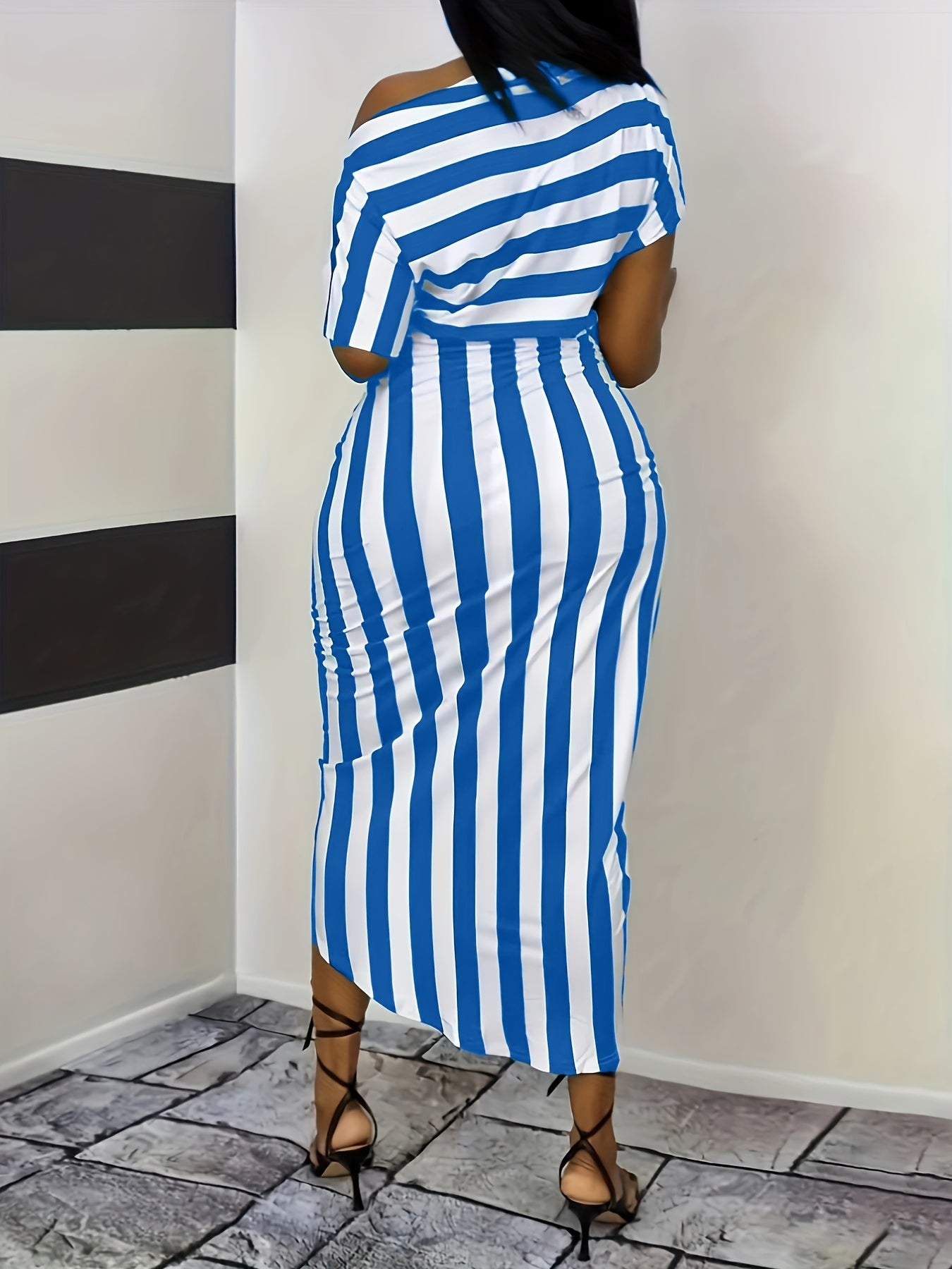 Sexy Fitted Striped One Shoulder Split Summer Dress - Elegant Asymmetrical Neck, Mid Elasticity Polyester, Random Printing, Knit Fabric - Perfect for Adult Women