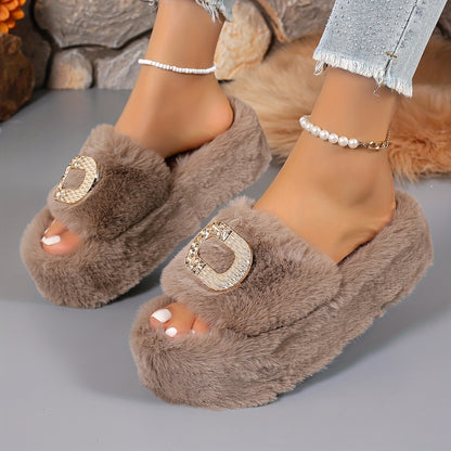 [Luxury Slip-On] Plush Faux Fur Women's Slip-On Slippers | Thick Cushioned Rubber Sole & Metallic Buckle Accents - All-Season Indoor/Outdoor House Shoes in Black, Beige, White, Brown, Comfort Footwear, Luxury Slipon, Soft Sli