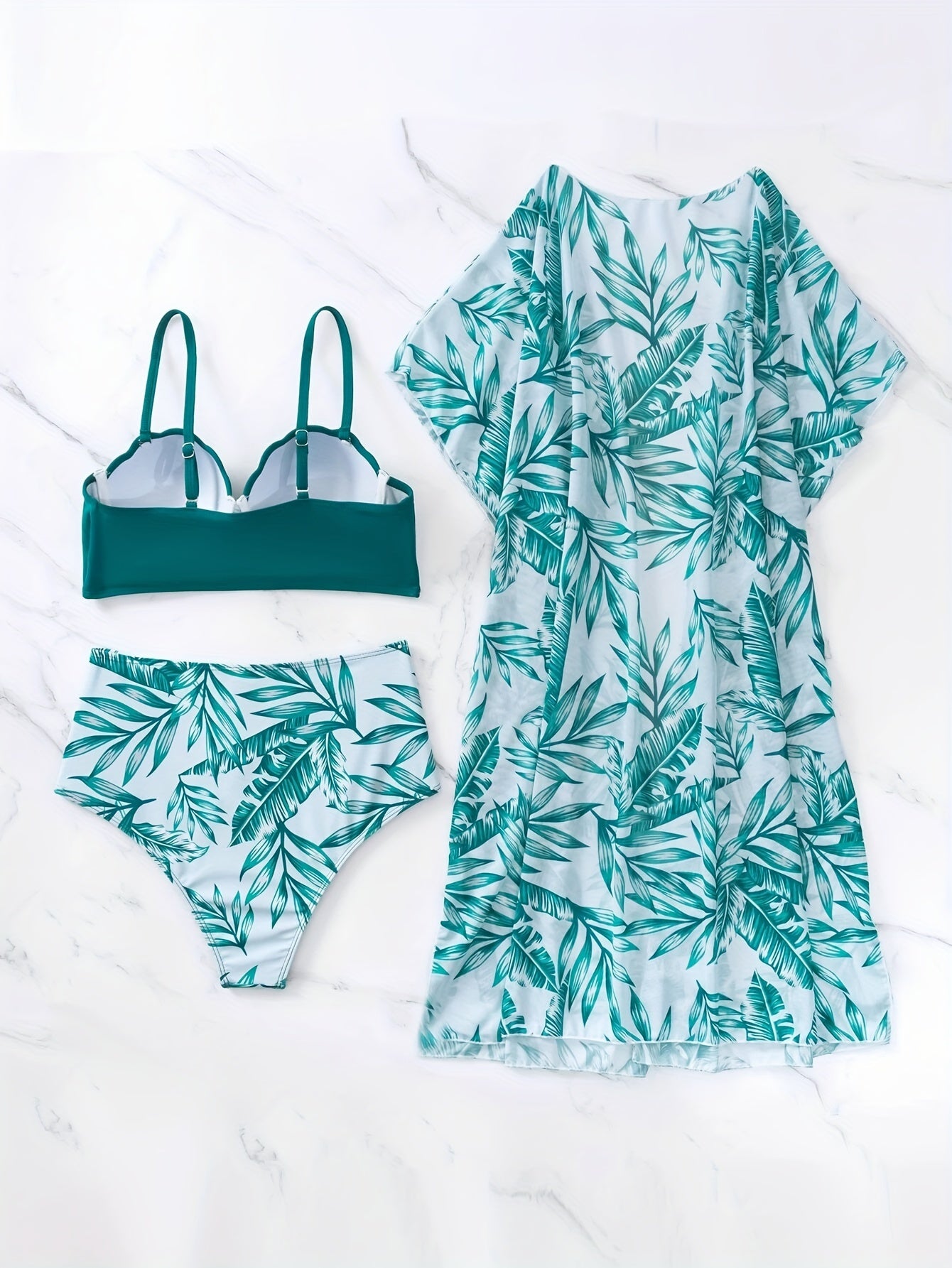 3 Piece Tropical Print High Waist Bikini Set - Off the Shoulder, High Stretch, Semi-Sheer, Polyester Fabric, Random Printing, Knit Swimsuits for Women - Perfect for Swimming and Beach Activities