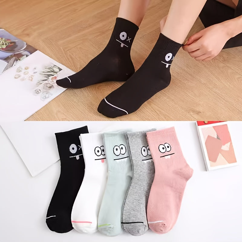 5 Pairs Funny Face Print Socks - Ultra-Soft and Breathable, Relaxed Fit, Mid-Calf Length - Designed for Women, Perfect for Stockings and Hosiery Lovers