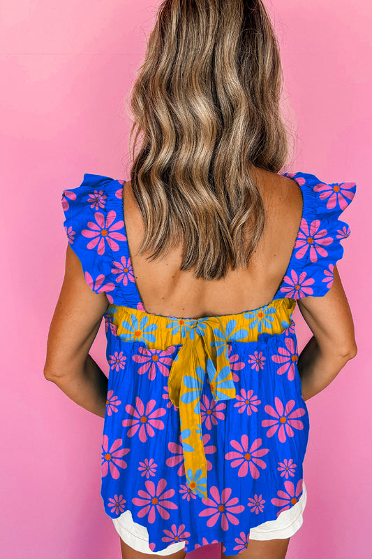 Blue Floral Colorblock Flutter Straps Flowy Tank Top