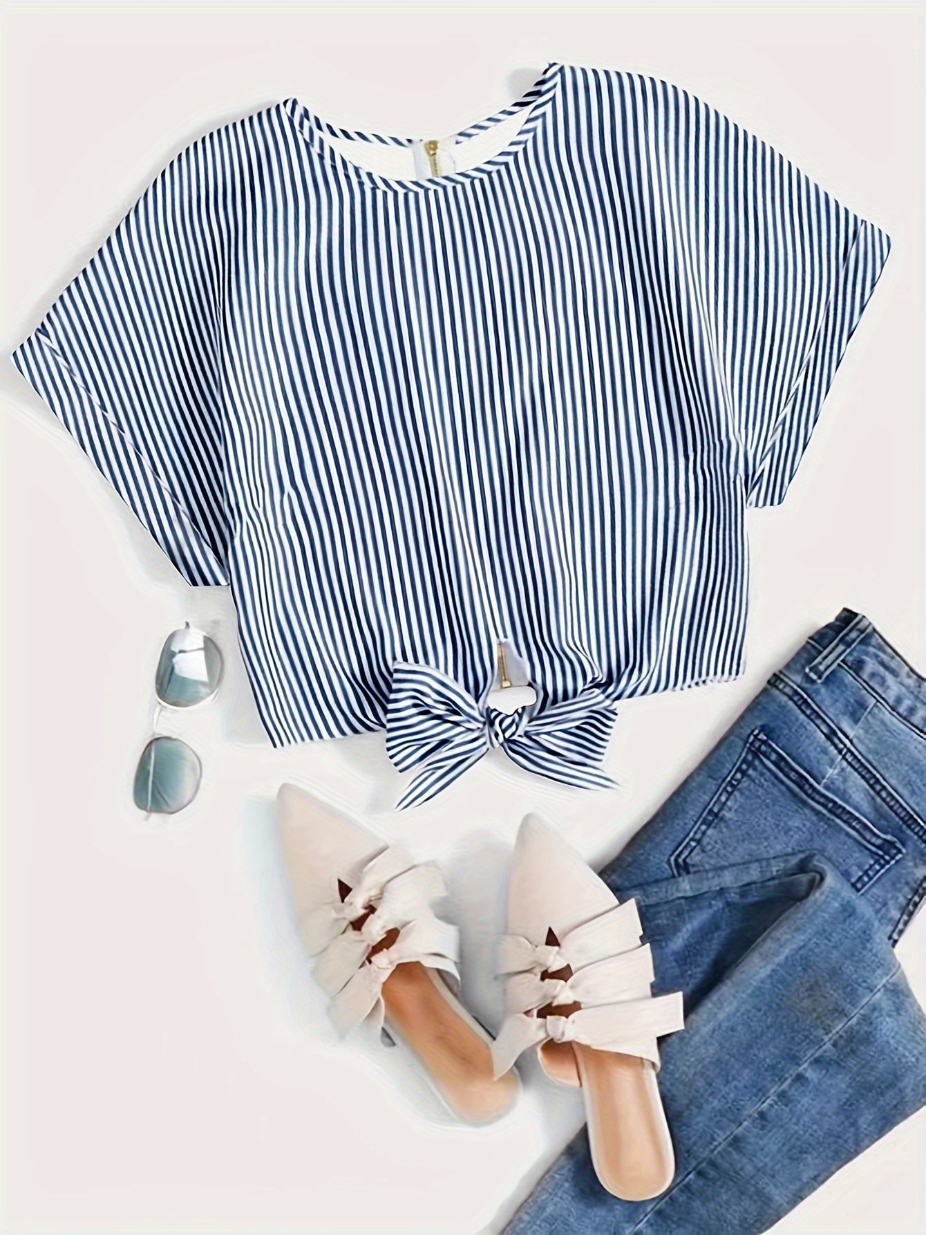 Striped Zip Up Knotted Blouse, Elegant Short Sleeve Crop Top For Spring & Summer, Women's Clothing