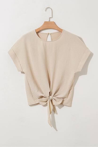 Parchment Solid Color Knotted Hem Short Sleeve Blouse