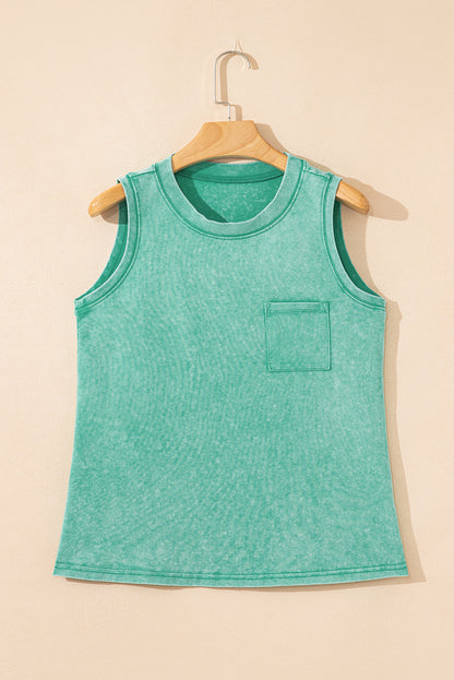 Sea Green Mineral Wash Patched Chest Pocket Casual Tank Top