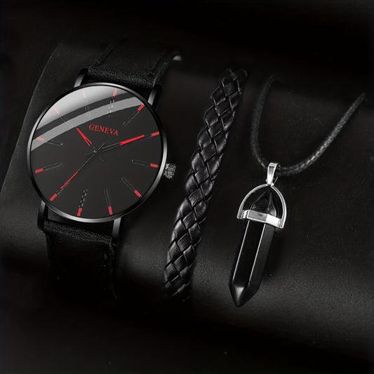 Elegant Men's Quartz Watch with Matching Bracelet and Necklace