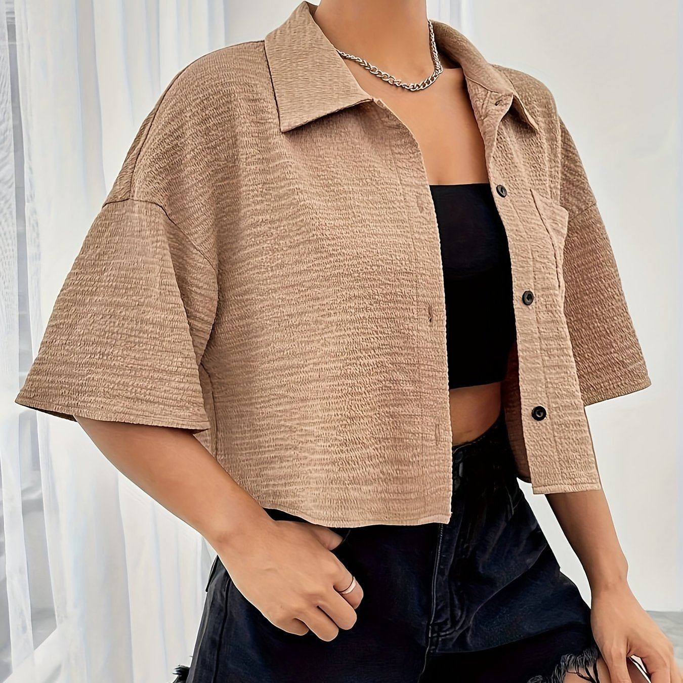 Button Front Crop Blouse, Casual Short Sleeve Blouse For Spring & Summer, Women's Clothing