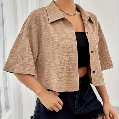 Button Front Crop Blouse, Casual Short Sleeve Blouse For Spring & Summer, Women's Clothing