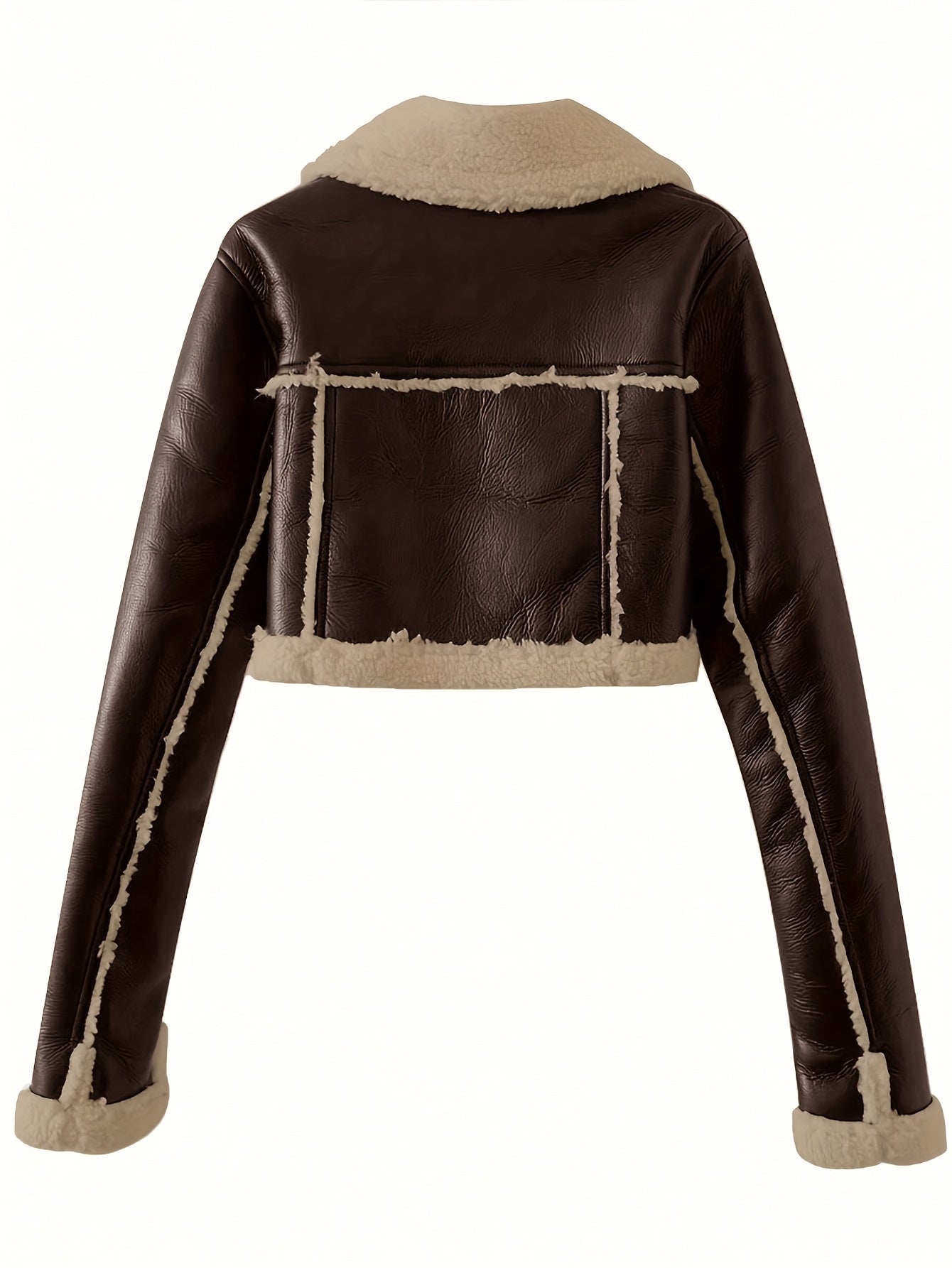 Women'S Elegant Teddy Lined Jacket with Turnover Sleeves, Zipper Closure, and Moto-Inspired Design - Vintage Streetwear Collar, Perfect for Fall/Winter