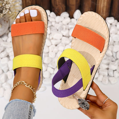 Vibrant Colorblock Flat Sandals for Women - Open Toe, Elastic Strap, Slip-On, Espadrille Sole, Beach Summer Shoes with Breathable Design and Comfortable Walking Experience