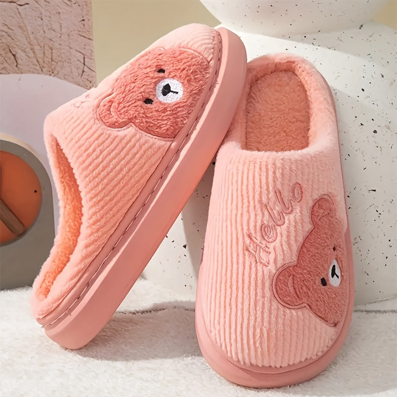 HOLLE Plush Fleece-Lined Winter Slippers with Cute Cartoon Bear Design - Soft EVA Sole Indoor House Shoes for Women & Men, Cozy Warm Indoor/Outdoor Footwear, Cute Slippers