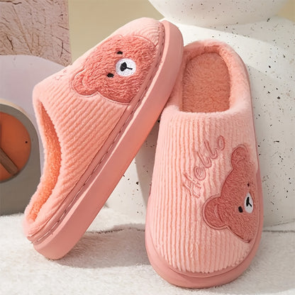 HOLLE Plush Fleece-Lined Winter Slippers with Cute Cartoon Bear Design - Soft EVA Sole Indoor House Shoes for Women & Men, Cozy Warm Indoor/Outdoor Footwear, Cute Slippers