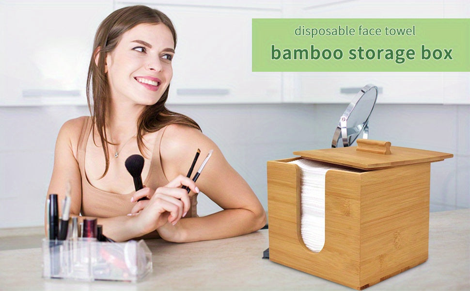 Disposable Makeup Remover Dry Wipes, Includes 50 XL Face Towels and Cube Bamboo Box for Facial Cleansing Skin Care (Face Towel and Holder)