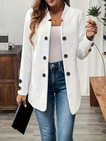 Women's Casual Solid Color Double-Breasted Long Sleeve Jacket with Pockets, Polyester Knit Fabric, Open Front Collar - All Seasons, Allseason Jacket | Doublebreasted Jacket | Stylish Jacket