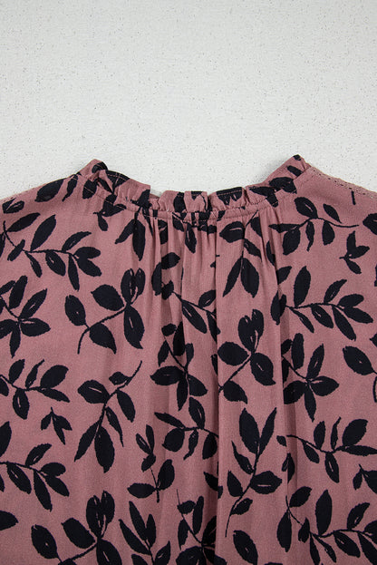 Brown Leaf Print Lace-up V Neck Crinckled Tank Top