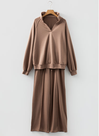 Dark Khaki Polo Collar V Neck Pullover and Drawstring Sweatpants Set