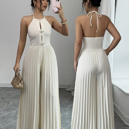 Women's Elegant Beige Halter Neck Jumpsuit - Striped Pleated Wide-Leg Romper, Machine Washable All-Season Versatile Outfit for Casual & Formal Events, Formal Attire | Chic Design | Smooth Texture