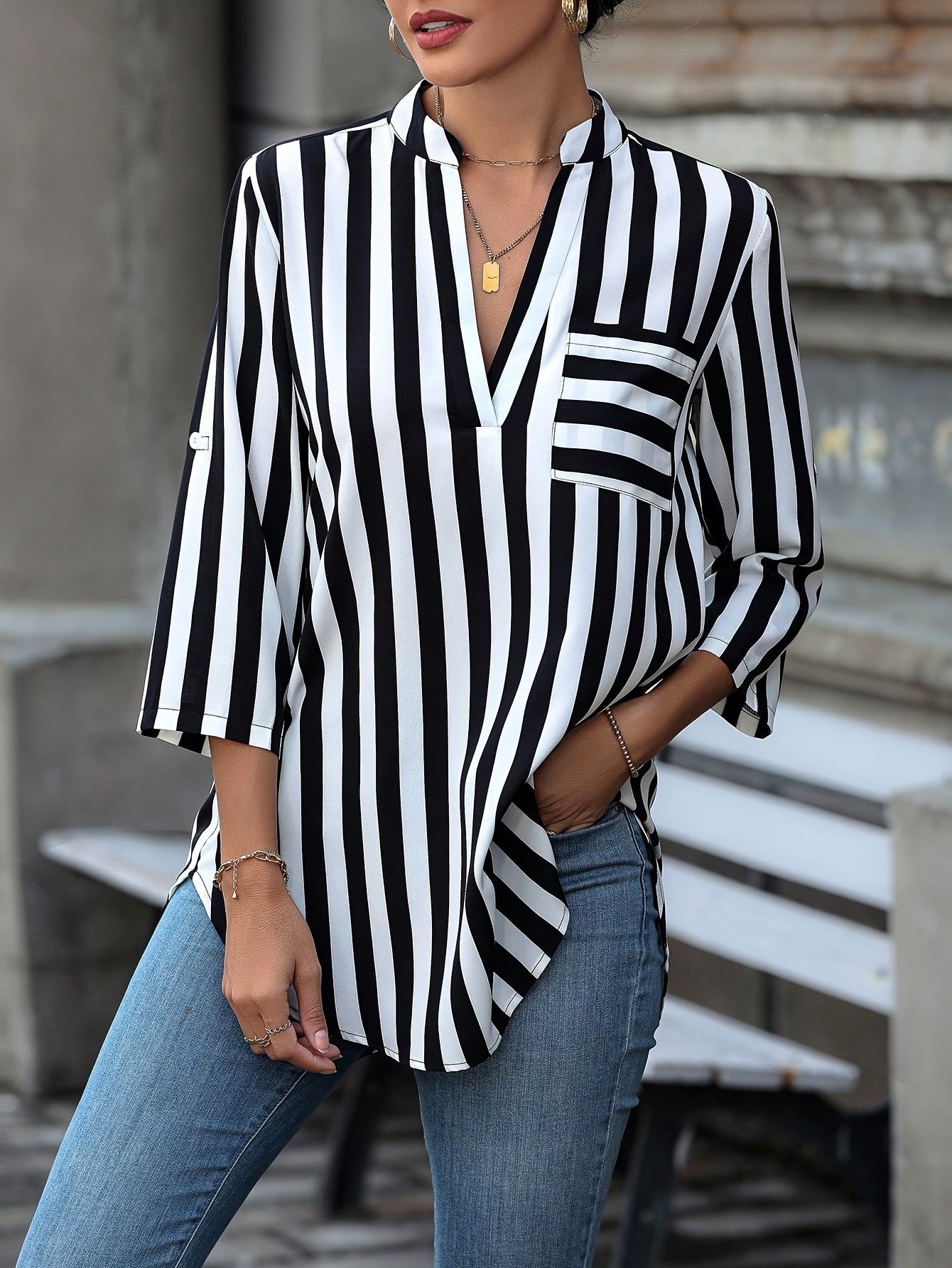 Vibrant Striped Loose Fit Blouse - Notched Neck, Roll Up Sleeves, Casual Chic for Spring & Fall, Comfortable Women's Clothing for Everyday Wear