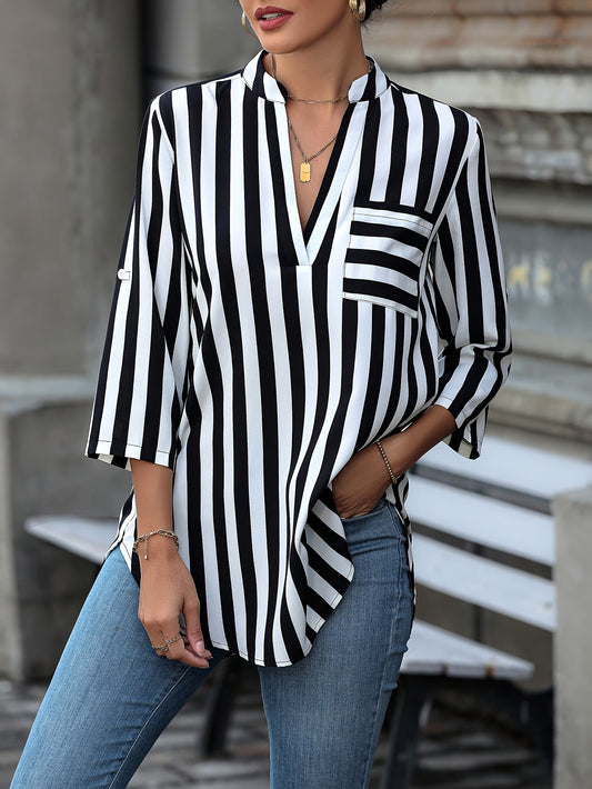 Vibrant Striped Loose Fit Blouse - Notched Neck, Roll Up Sleeves, Casual Chic for Spring & Fall, Comfortable Women's Clothing for Everyday Wear