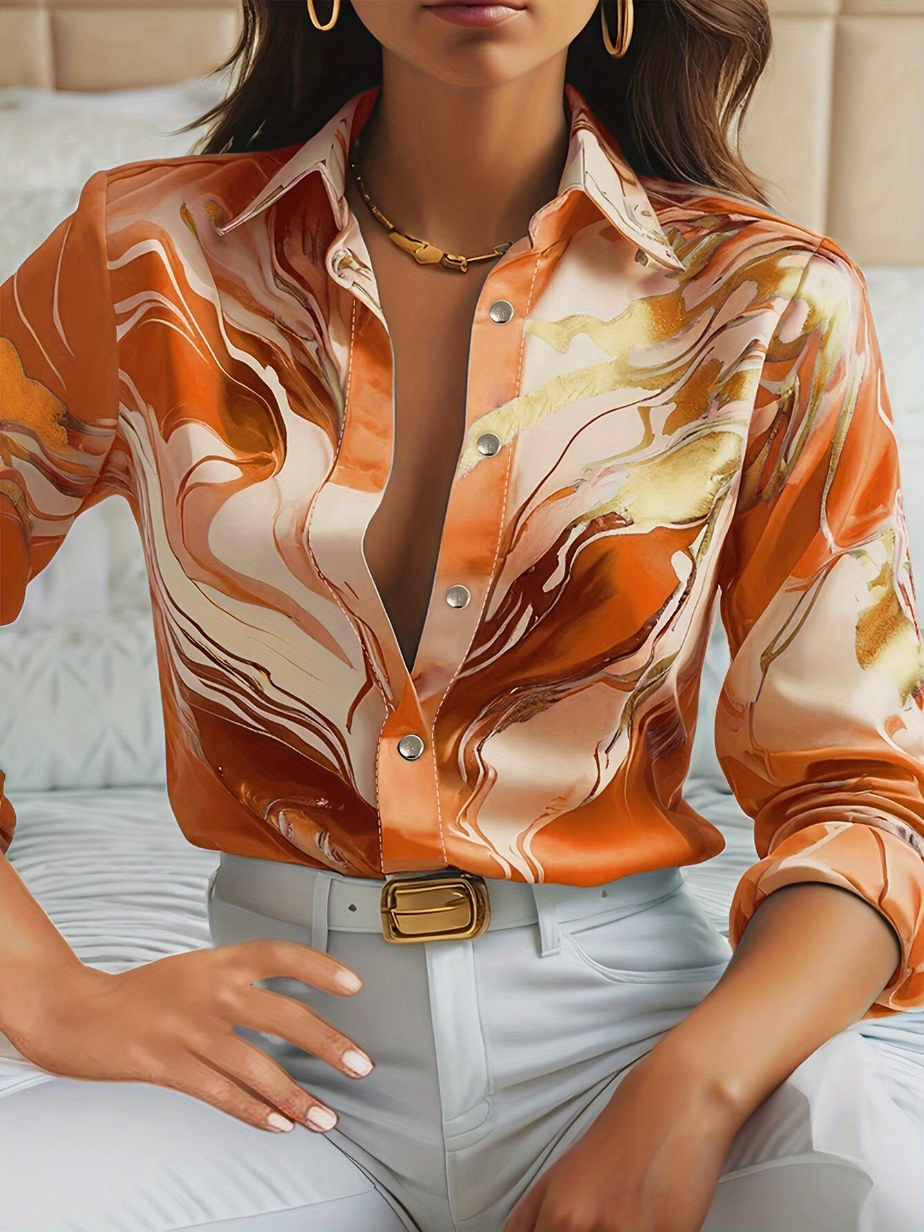 Elegant Middle Eastern Style Women's Long Sleeve Shirt - 100% Polyester Printed Casual Button-Up Blouse with Polo Collar and Regular Fit for Spring/Summer/Fall - Tight Hem Woven Shirt for Weekend Casual