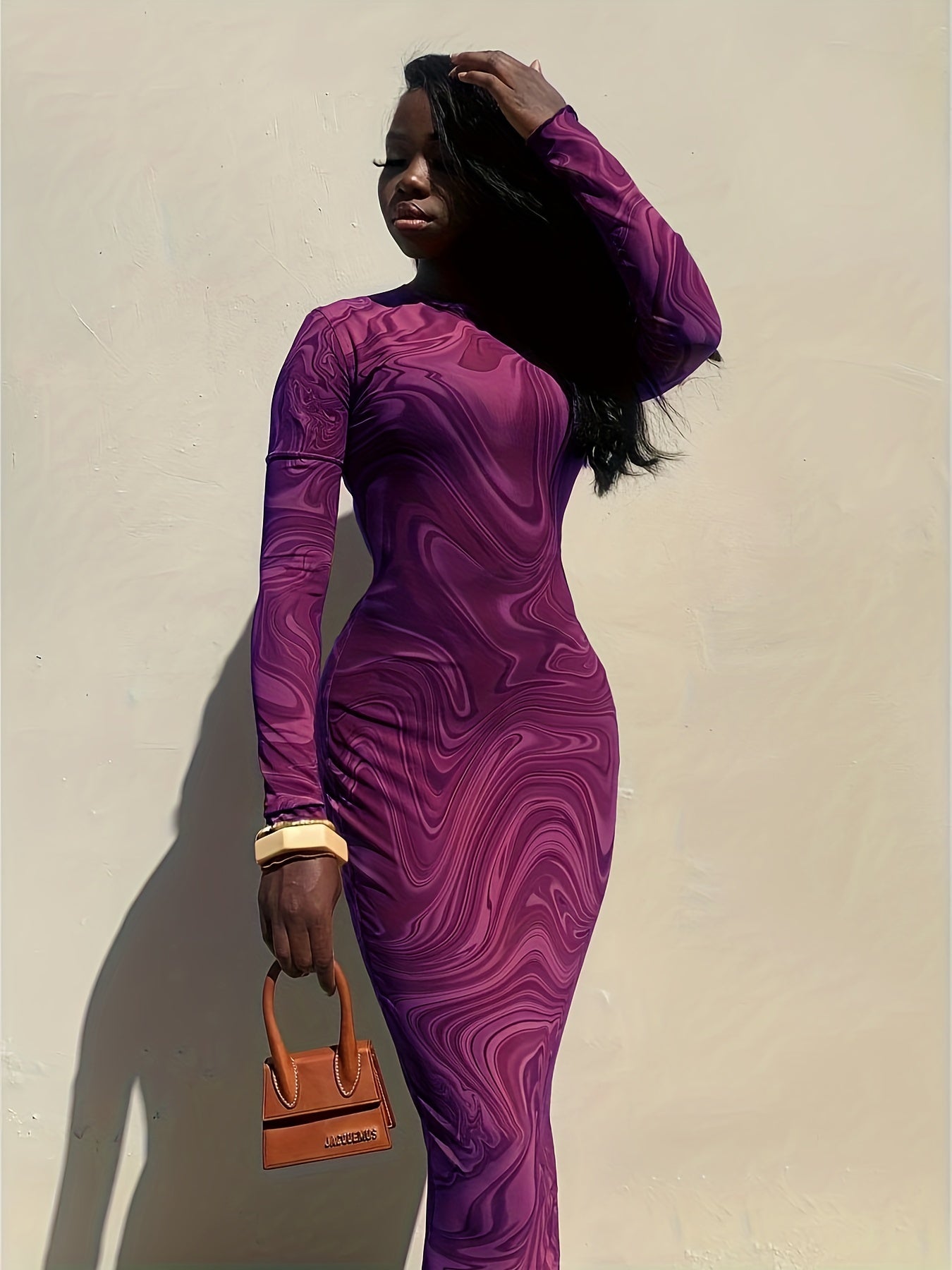 Abstract Ripple Print Dress, Sexy Mock Neck Long Sleeve Dress, Women's Clothing