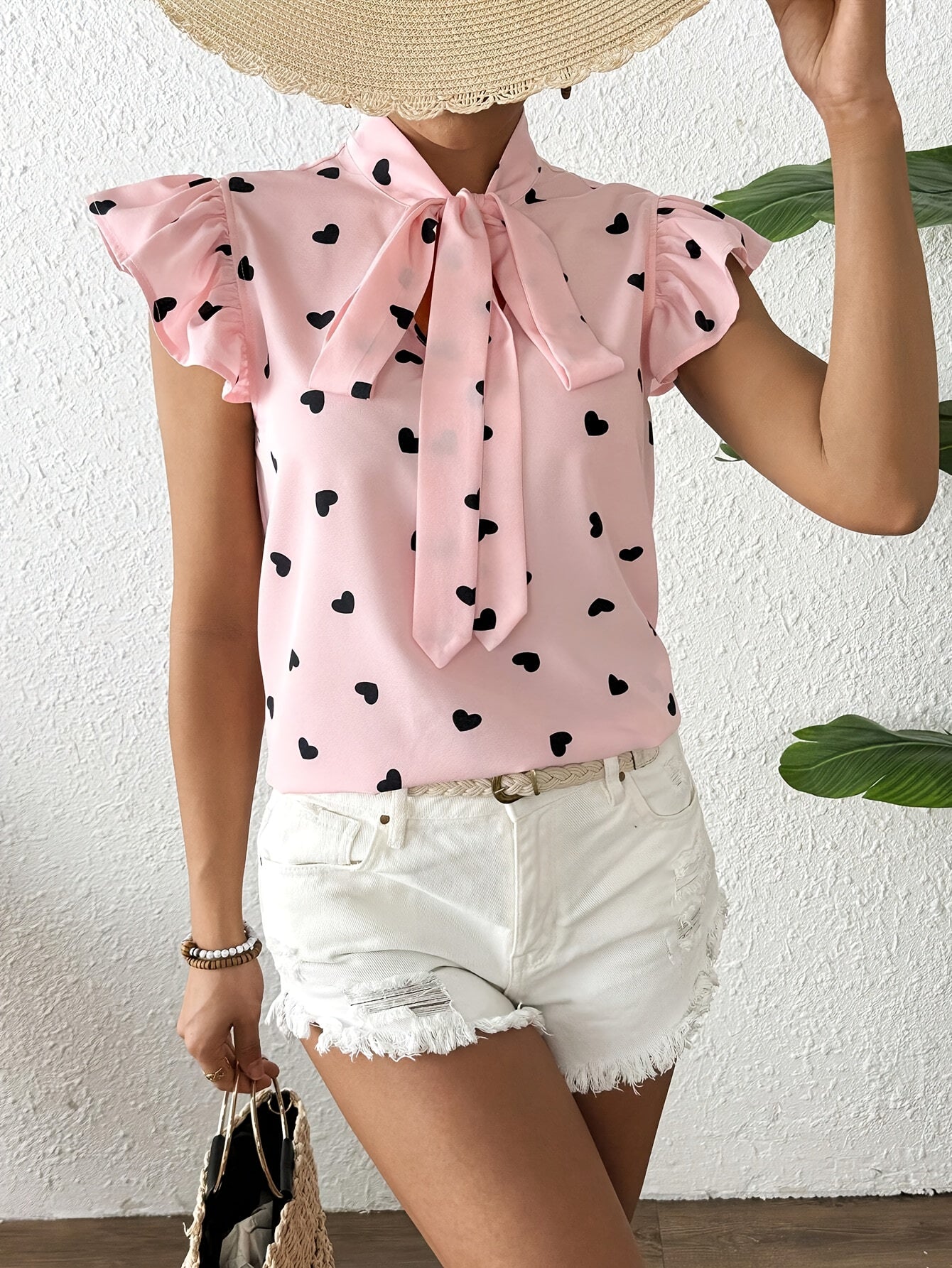 Heart Print Tie Neck Blouse, Casual Ruffle Trim Flutter Sleeve Top For Spring & Summer, Women's Clothing