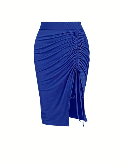 Solid Ruched Drawstring Split Skirt, Casual Bodycon Stretchy Skirt For Spring & Summer, Women's Clothing