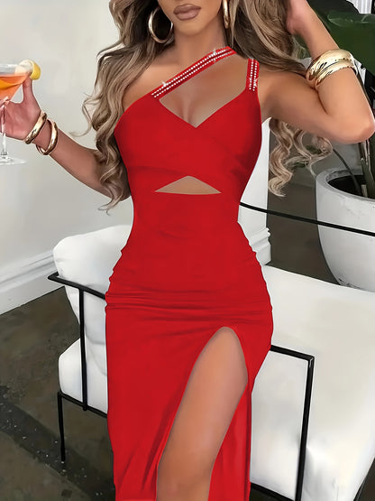 Split Thigh Asymmetrical Dress, Sexy Bodycon Sleeveless Party Dress, Women's Clothing For Party Dressing
