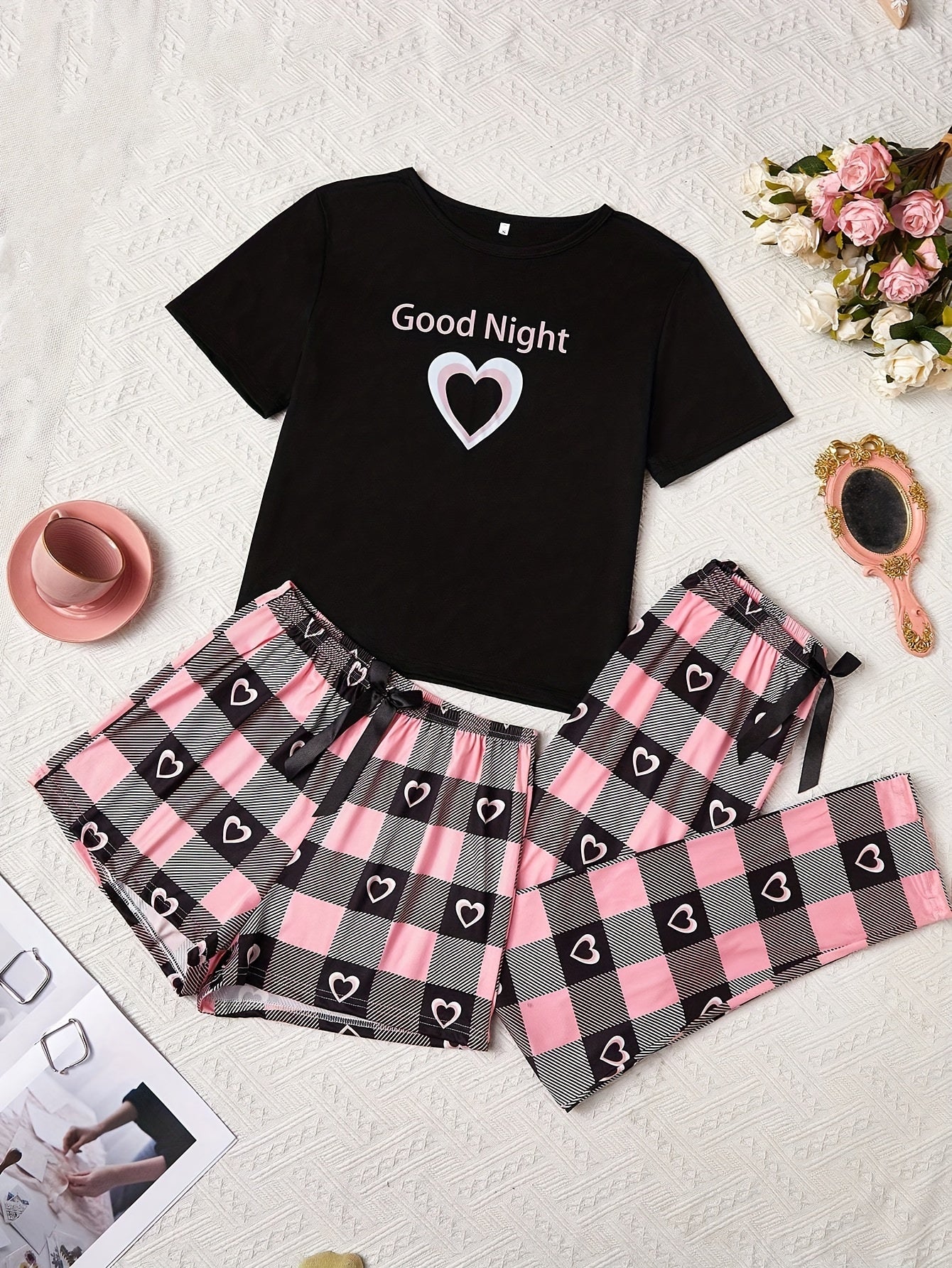 3pcs Women's Plaid Pajama Set - Comfortable Polyester Knit, Crew Neck, Short Sleeve Top with Cropped Pants and Shorts for All-Season Sleepwear