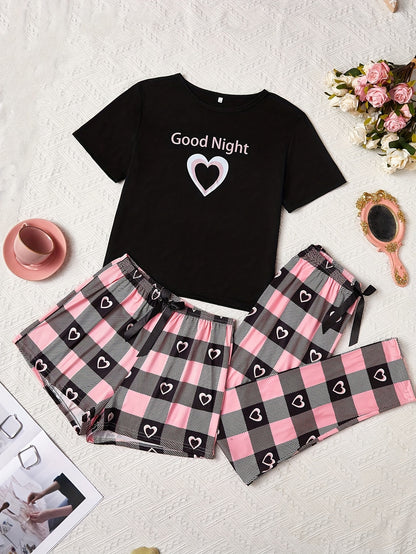 3pcs Women's Plaid Pajama Set - Comfortable Polyester Knit, Crew Neck, Short Sleeve Top with Cropped Pants and Shorts for All-Season Sleepwear