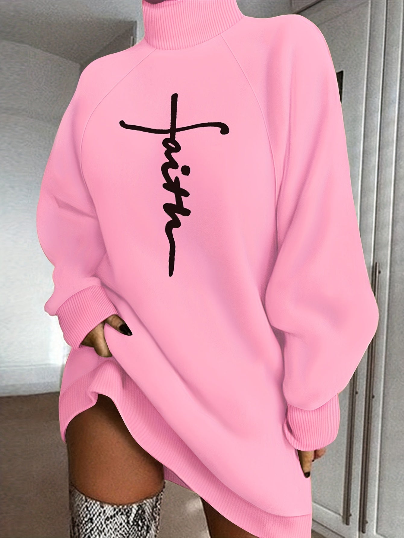 Faith Print Turtleneck Dress, Casual Loose Long Sleeve Dress, Women's Clothing