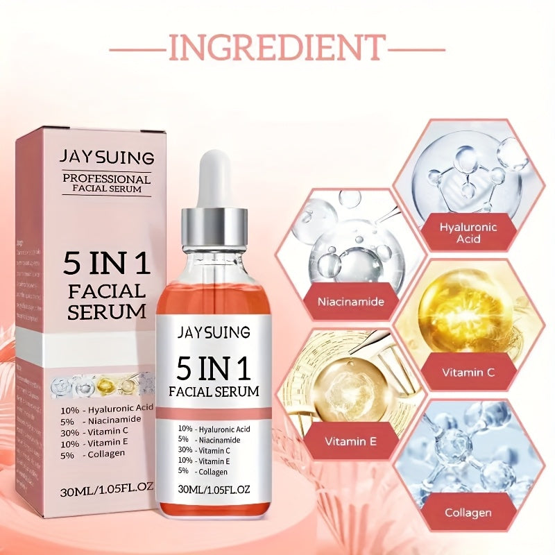 [Hyaluronic Acid Serum] JAYSUING 2pcs 5-in-1 Facial Serum - Hyaluronic Acid, Collagen, Niacinamide, Vitamin C & E, Moisturizing, Pore Minimizing & Oil Control, Hypoallergenic for All Skin Types, 30ml Each