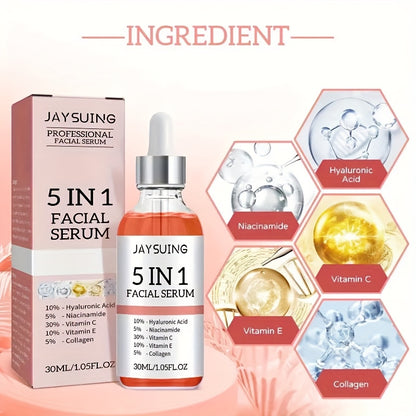 [Hyaluronic Acid Serum] JAYSUING 2pcs 5-in-1 Facial Serum - Hyaluronic Acid, Collagen, Niacinamide, Vitamin C & E, Moisturizing, Pore Minimizing & Oil Control, Hypoallergenic for All Skin Types, 30ml Each