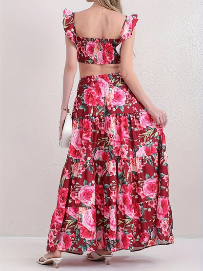 Vacation Style Floral Print Two-piece Set, Ruffle Trim Crop Top & High Waist Swing Skirt Outfits, Women's Clothing