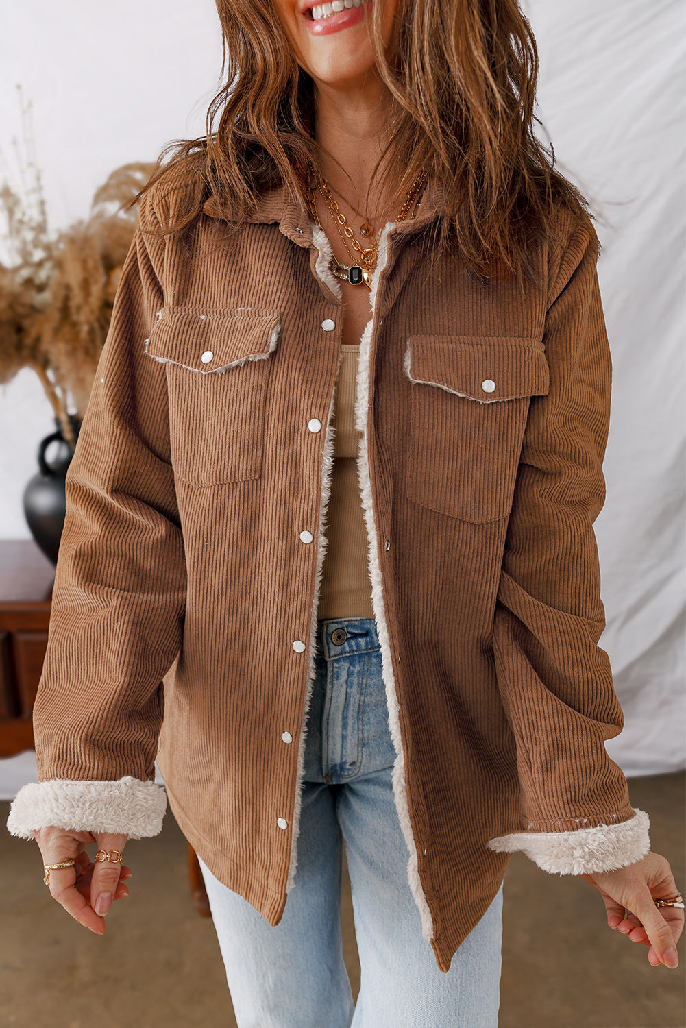 Cinnamon Fleece Lined Buttoned Flap Pockets Corduroy Jacket