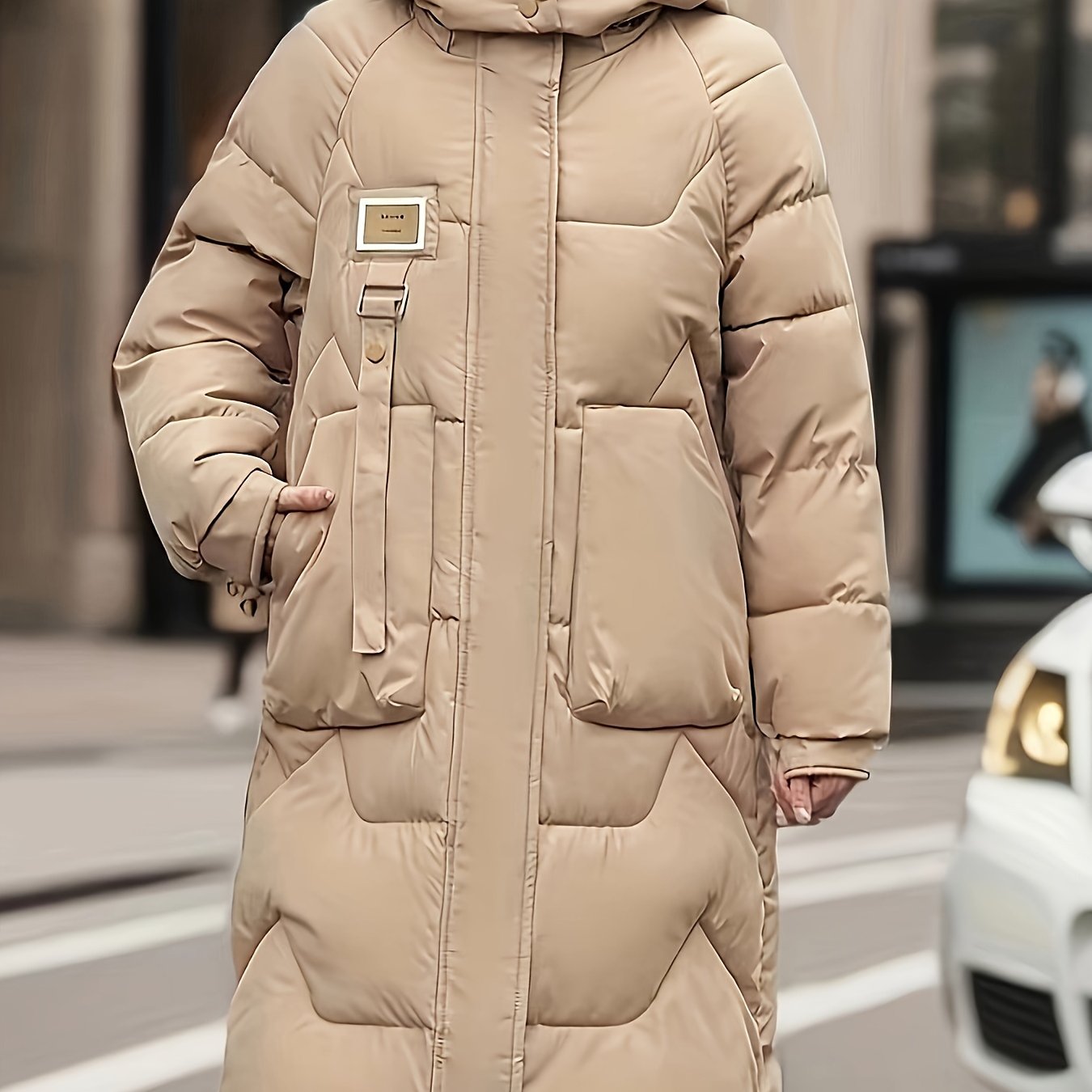 Women's Light Green Long Winter Coat - Warm Casual Padded Jacket with Zippered Pockets, Hood, and Adjustable Drawstrings for Holiday Style, Winter Clothes