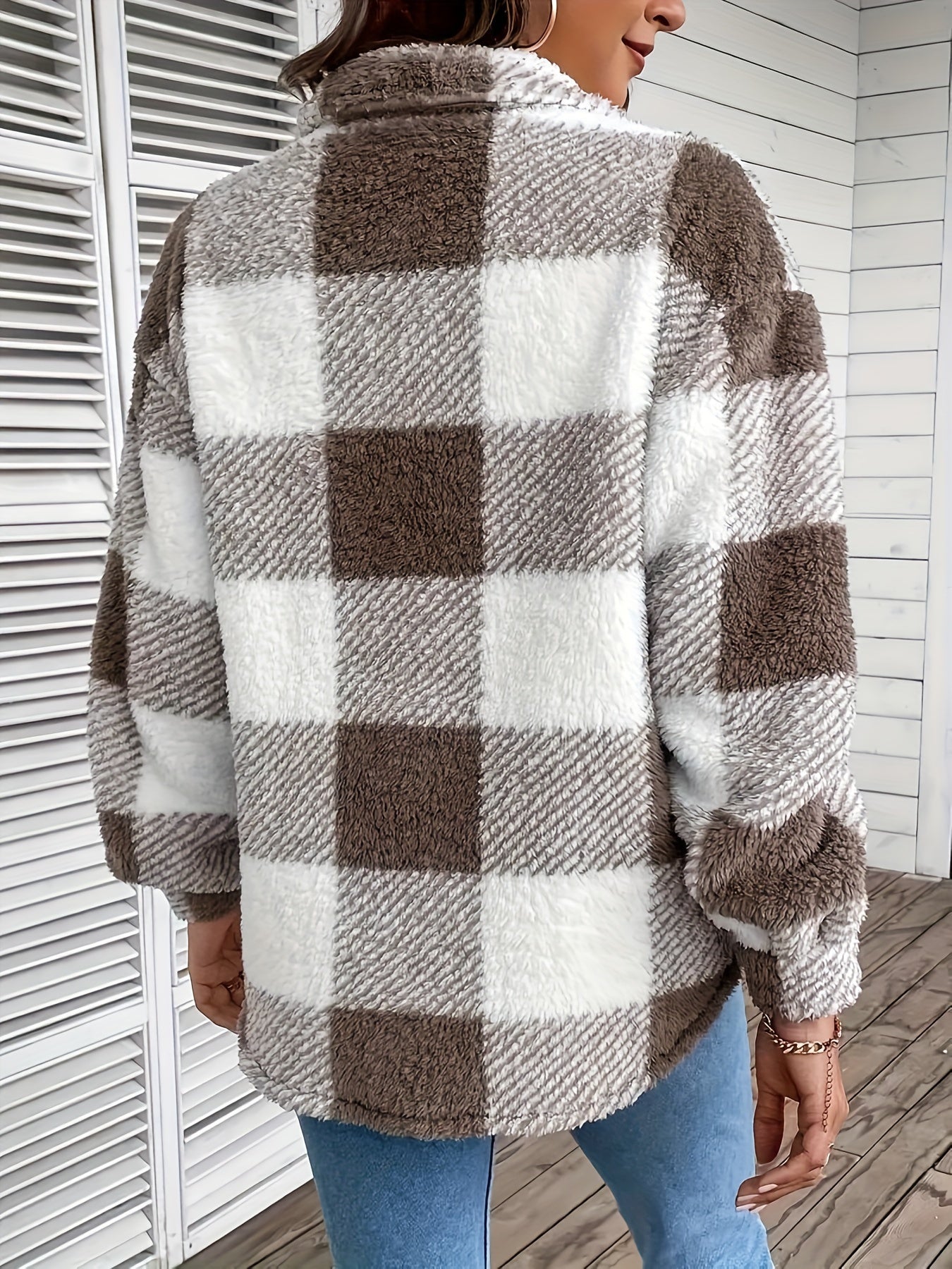 Cozy Plaid Teddy Jacket - Soft Thermal Long Sleeve, Flap Pockets, Button Front, Casual Chic Coat for Fall & Winter - Women's Warm Clothing for Everyday Wear