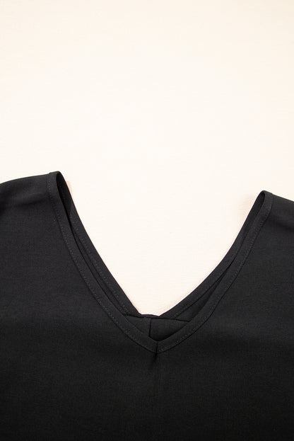 Black Seamed Back High Low Hem V Neck Cuffed Sleeve Plus Size Tee