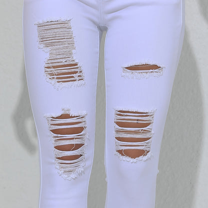 Ripped Skinny Fit Plain White Color Versatile Jeans Denim Pants, Women's Denim Jeans & Clothing