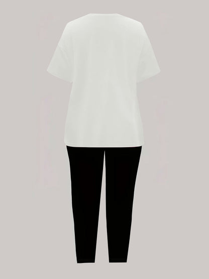 Women'S K-WAY Graphic Print Short Sleeve Crop Top & High-Waisted Leggings Set - Black with White Lettering, Stretchy Polyester Blend, Casual Streetwear Style, Spring/Summer Collection, High Waisted