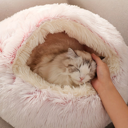 Cozy Luxurious Plush Donut Pet Bed - Hooded, Non-Slip Bottom, Easy to Clean - for Cats & Small Dogs, Perfect for Winter Comfort