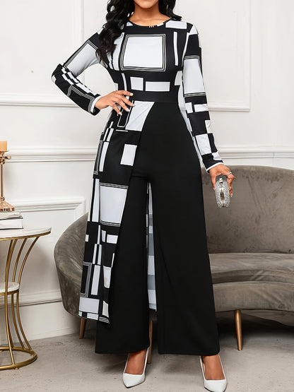 Geo Print Crew Neck Jumpsuit, Elegant Long Sleeve Wide Leg Culottes Jumpsuit For Spring & Fall, Women's Clothing
