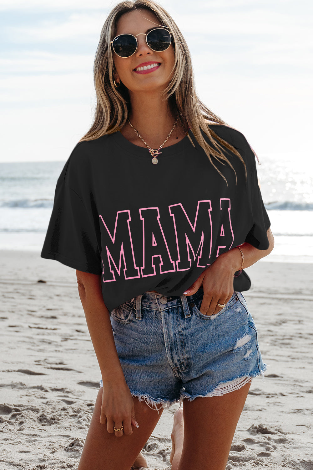 Black MAMA Letter Graphic Neon T Shirt
