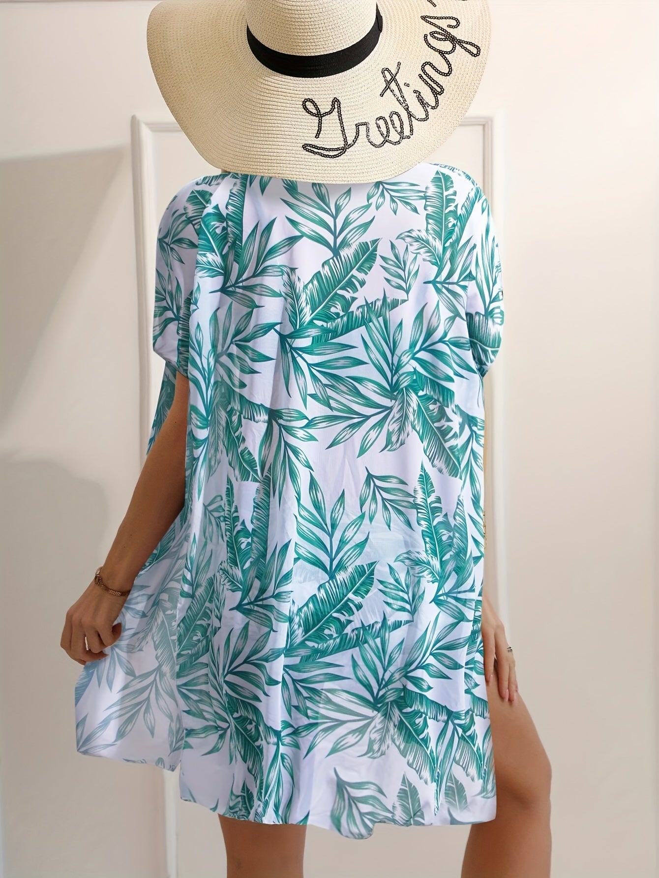 3 Piece Tropical Print High Waist Bikini Set - Off the Shoulder, High Stretch, Semi-Sheer, Polyester Fabric, Random Printing, Knit Swimsuits for Women - Perfect for Swimming and Beach Activities