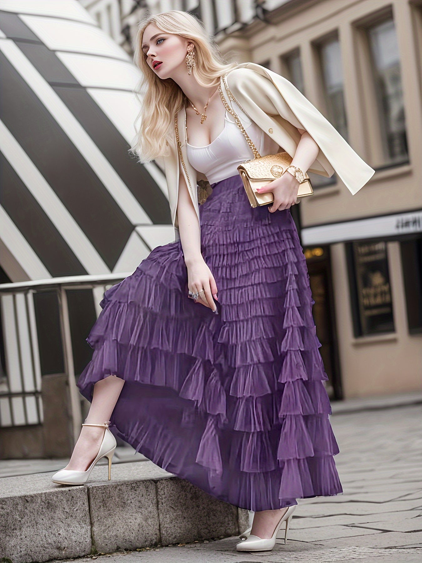 Multilayer Ruffles Tulle Skirt, Casual Fluffy Skirt For Spring & Summer, Women's Clothing