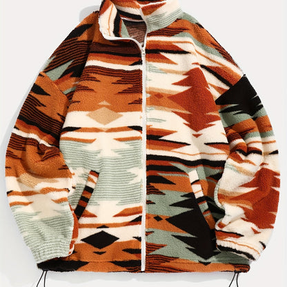 Aztec Pattern Fuzzy Jacket, Casual Zip Up Outwear For Winter & Fall, Women's Clothing